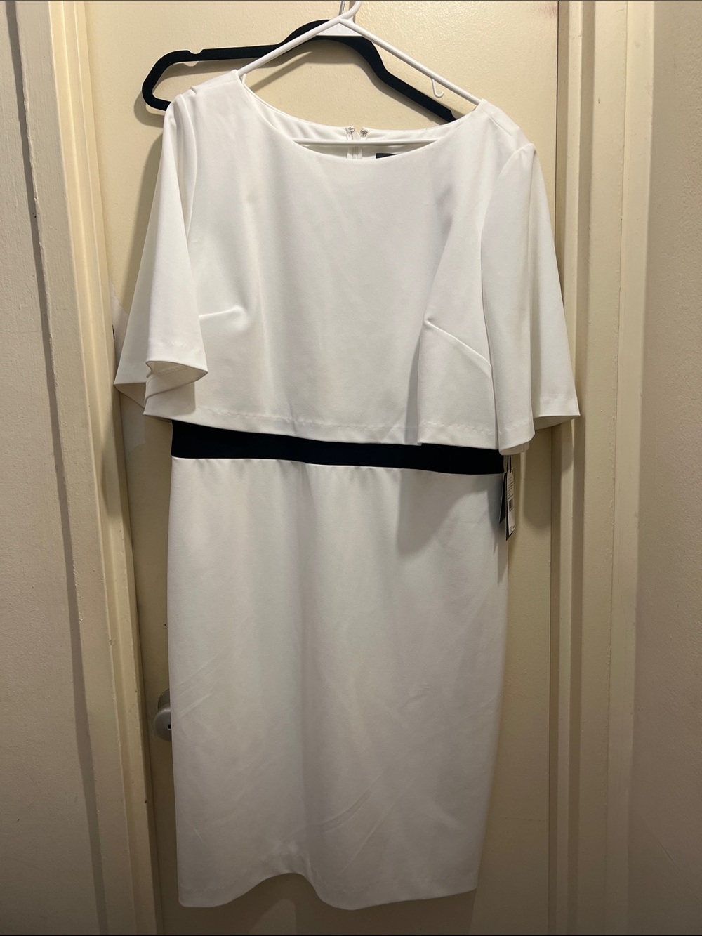 Adrianna Papell White Midi Sheath Dress with Black Waistband